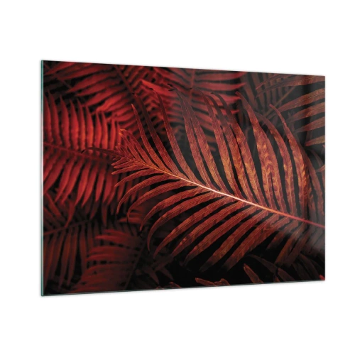Quadro su vetro - Foglie rosse di una pianta tropicale su uno sfondo scuro - 100x70cm - Il calore della vita - Decorazione murale moderna per soggiorno e camera da letto ARTTOR