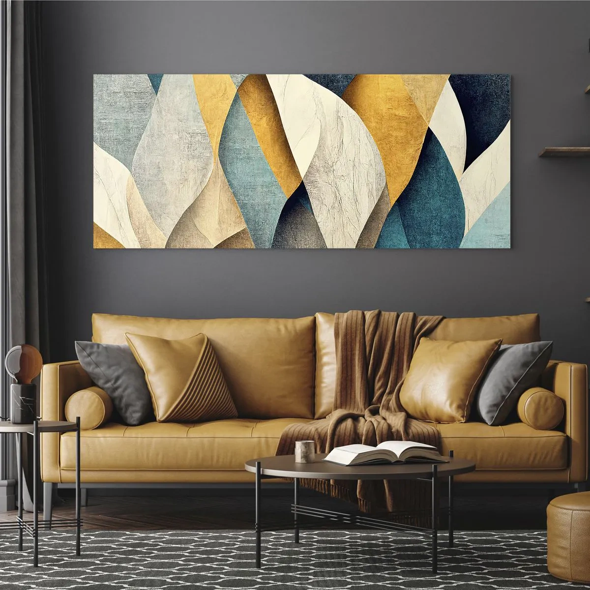 Quadro su vetro - Onde astratte nei toni del blu e dell'oro - 160x50cm - Ritmo e ondulazioni - Decorazione murale moderna per soggiorno e camera da letto ARTTOR