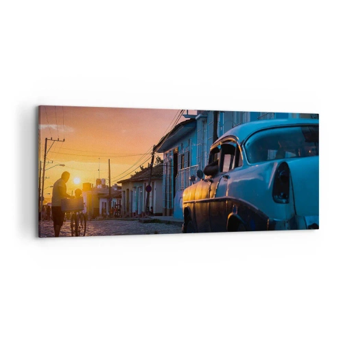 Quadro su tela - Stampe su Tela - Auto e bicicletta retrò sulla strada alla luce del sole al tramonto - 120x50cm - Qui il tempo rallenta - Decorazione murale moderna per soggiorno e camera da letto ARTTOR