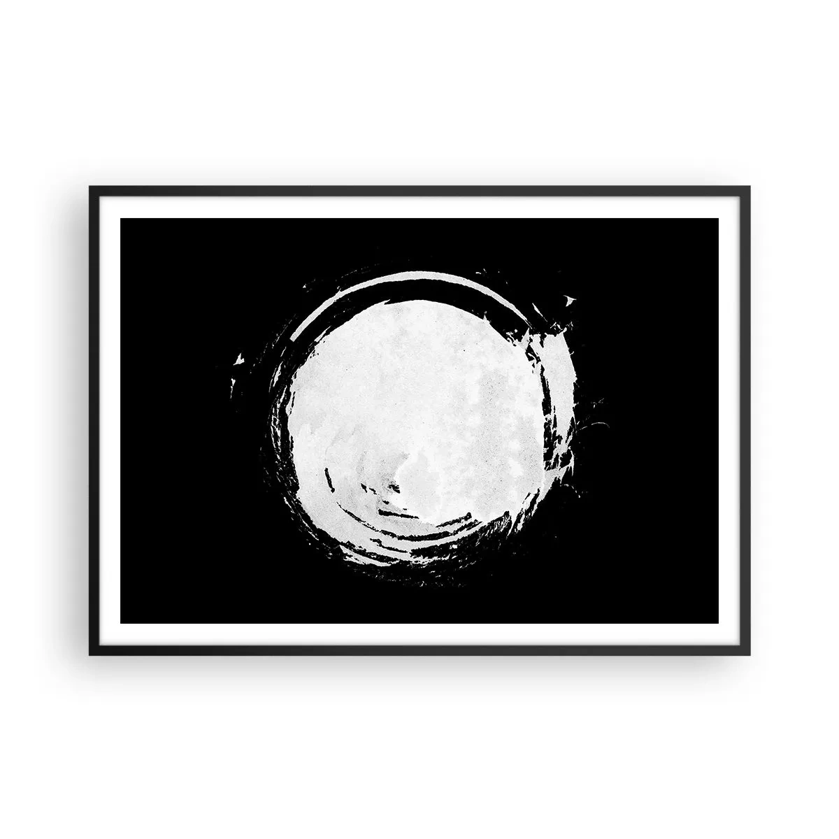 Poster in cornice nera - Un cerchio bianco su sfondo nero in stile minimalista. - 100x70cm - Una buona soluzione - Decorazione murale moderna per soggiorno e camera da letto ARTTOR