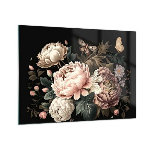 Quadro su vetro - Composizione floreale con farfalle su sfondo nero - 70x50cm - In stile barocco - Decorazione murale moderna per soggiorno e camera da letto ARTTOR
