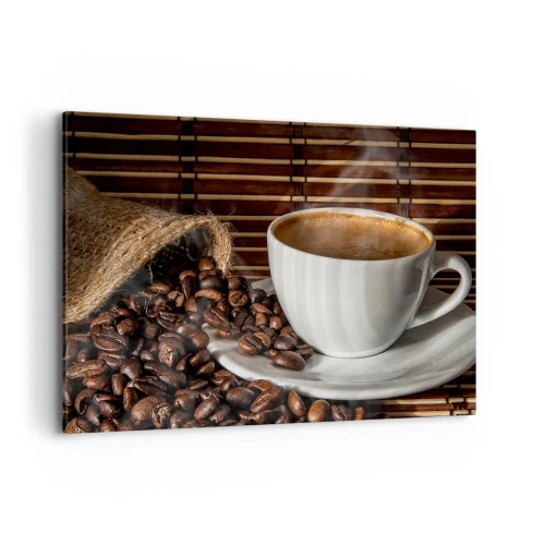 Quadro su tela - Stampe su Tela - Una tazza di caffè con chicchi su uno sfondo di bambù - 100x70cm - Nero del carbone, trasparenza dell'ambra - Decorazione murale moderna per soggiorno e camera da letto ARTTOR