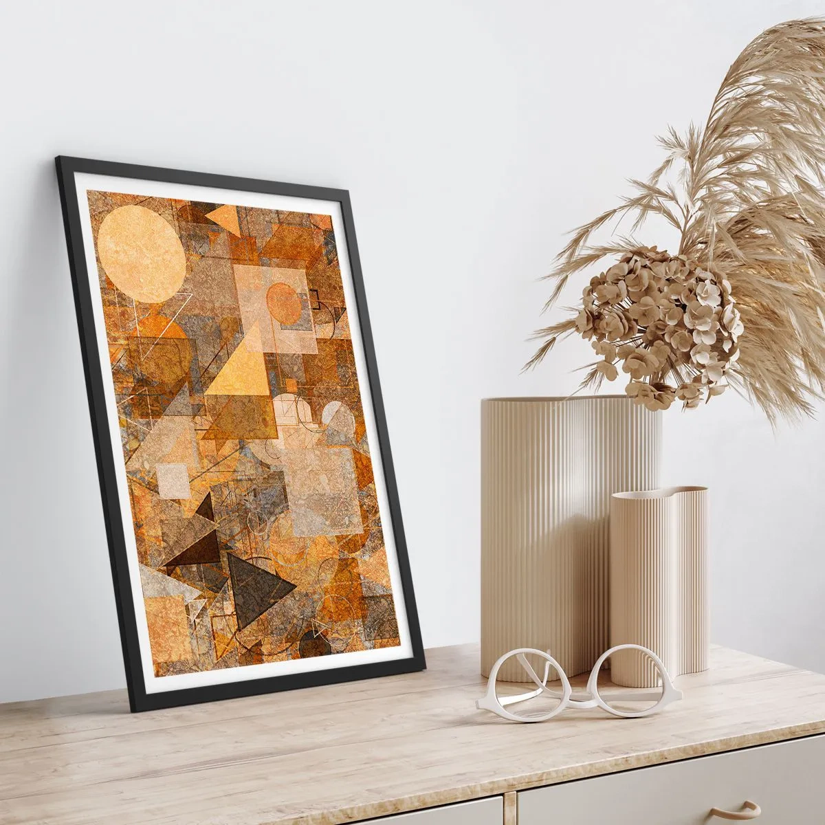 Poster in cornice nera - Composizione geometrica astratta nei toni del marrone e dell'arancione - 50x70cm - Studio cubista in marrone - Decorazione murale moderna per soggiorno e camera da letto ARTTOR