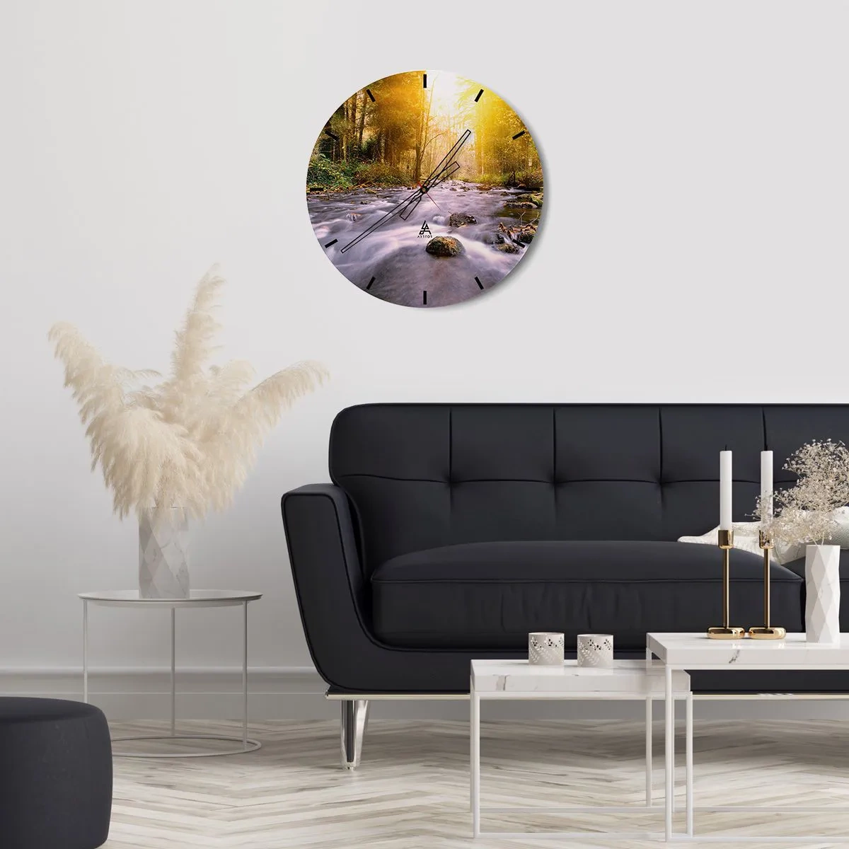 Orologio da parete - Orologio in Vetro - Un ruscello nella foresta illuminato dalla luce dorata del mattino - 30x30cm - Malachite in cornice oro-argento - Decorazione murale moderna per soggiorno, cucina e camera da letto ARTTOR