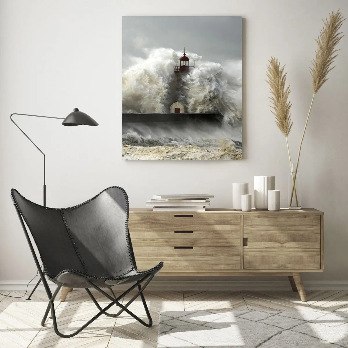 Quadro su vetro - Un faro circondato da onde agitate durante una tempesta - 70x100cm - L'ira dell'oceano - Decorazione murale moderna per soggiorno e camera da letto ARTTOR
