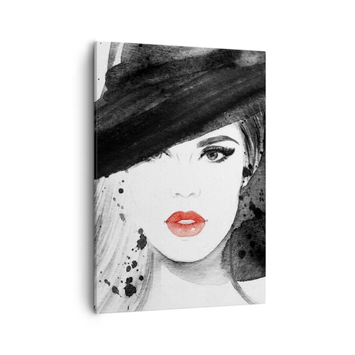 Quadro su tela - Stampe su Tela - Ritratto di una donna con un cappello e labbra rosse - 50x70cm - Donna in nero - Decorazione murale moderna per soggiorno e camera da letto ARTTOR