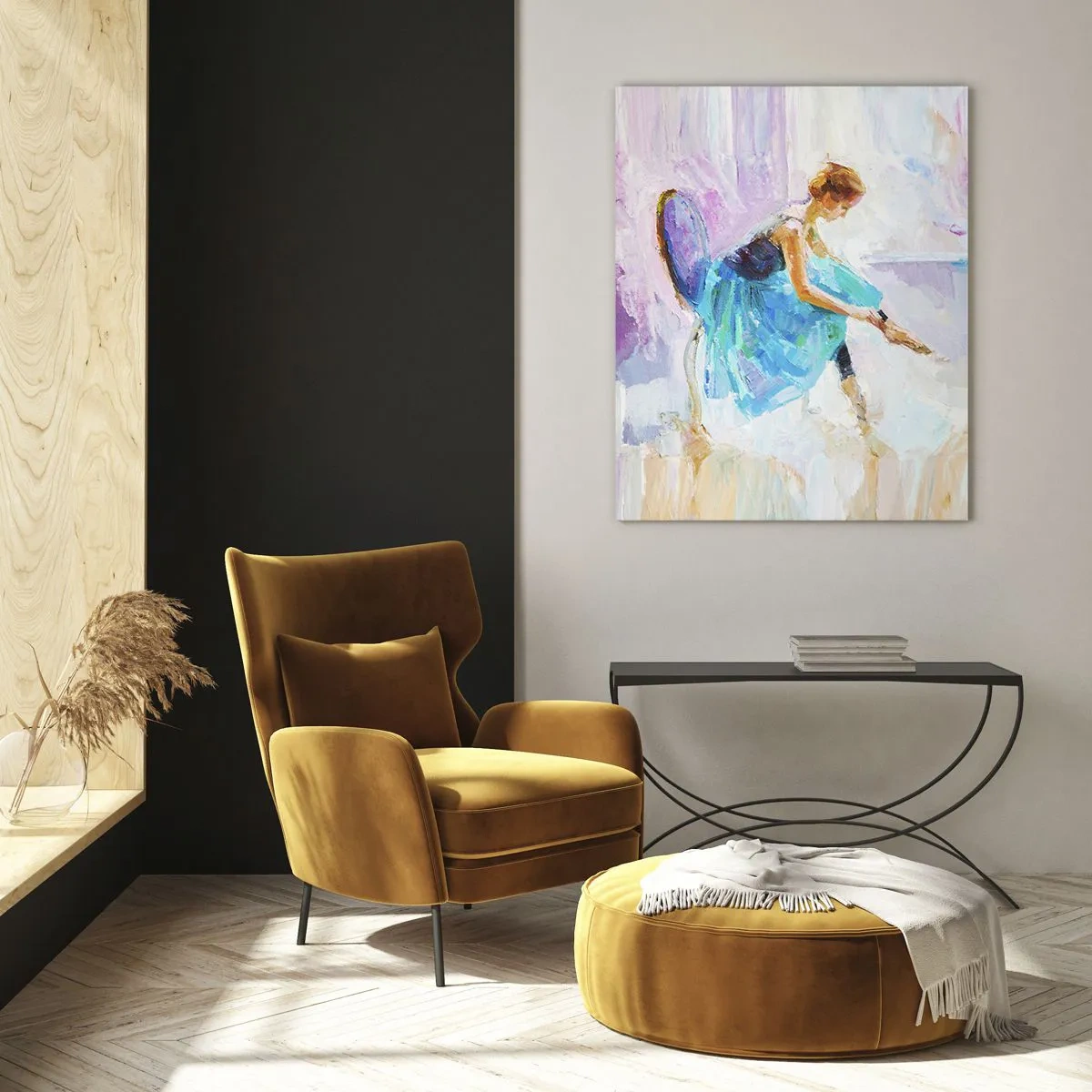 Quadro su vetro - Una ballerina in abito blu su sfondo impressionista - 50x70cm - Grazia ineffabile, fascino sottile - Decorazione murale moderna per soggiorno e camera da letto ARTTOR