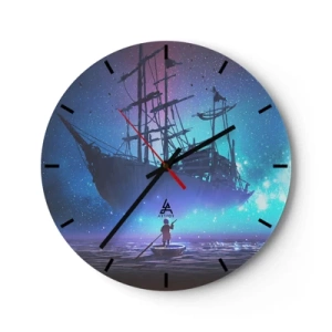 Orologio da parete - Orologio in Vetro - Una nave a vela alla luce delle stelle su un mare calmo con una barca - 30x30cm - Incontro con il mito del mare - Decorazione murale moderna per soggiorno, cucina e camera da letto ARTTOR