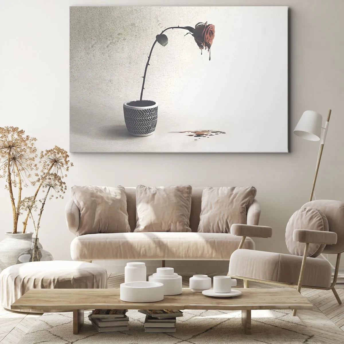 Quadro su tela - Stampe su Tela - Una rosa rossa in un vaso con gocce di tintura su uno sfondo bianco - 120x80cm - Rosa dolorosa - Decorazione murale moderna per soggiorno e camera da letto ARTTOR