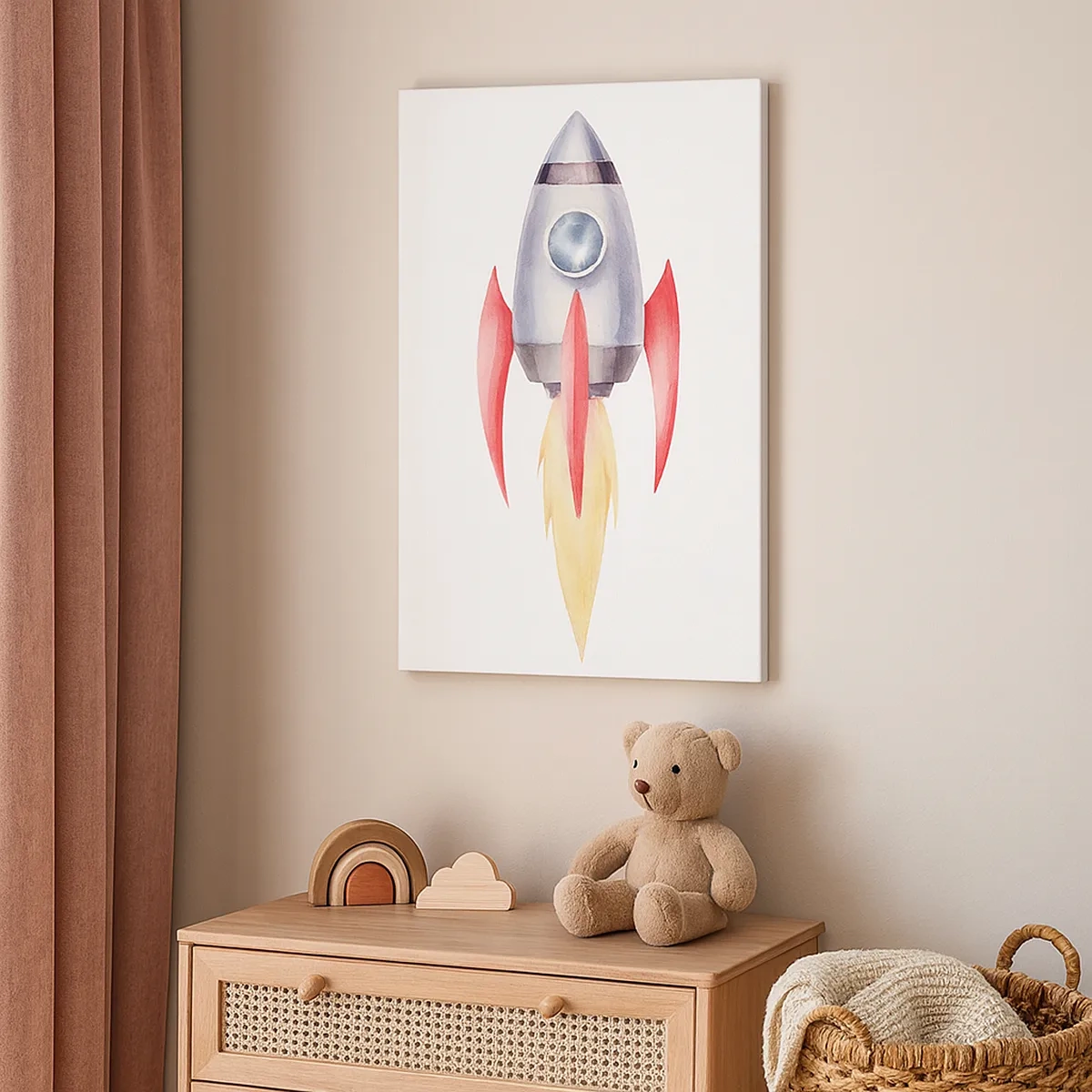 Quadro su tela - Stampe su Tela - Razzo in stile acquerello su sfondo bianco - 50x70cm - Più in alto, più veloce, più lontano - Decorazione murale moderna per soggiorno e camera da letto ARTTOR