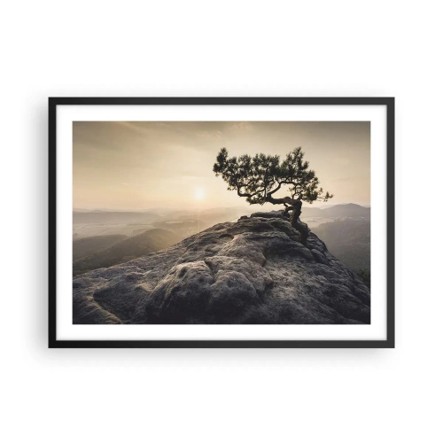 Poster in cornice nera - Un albero solitario su una cima rocciosa alla luce del sole - 70x50cm - La vita vince sempre - Decorazione murale moderna per soggiorno e camera da letto ARTTOR