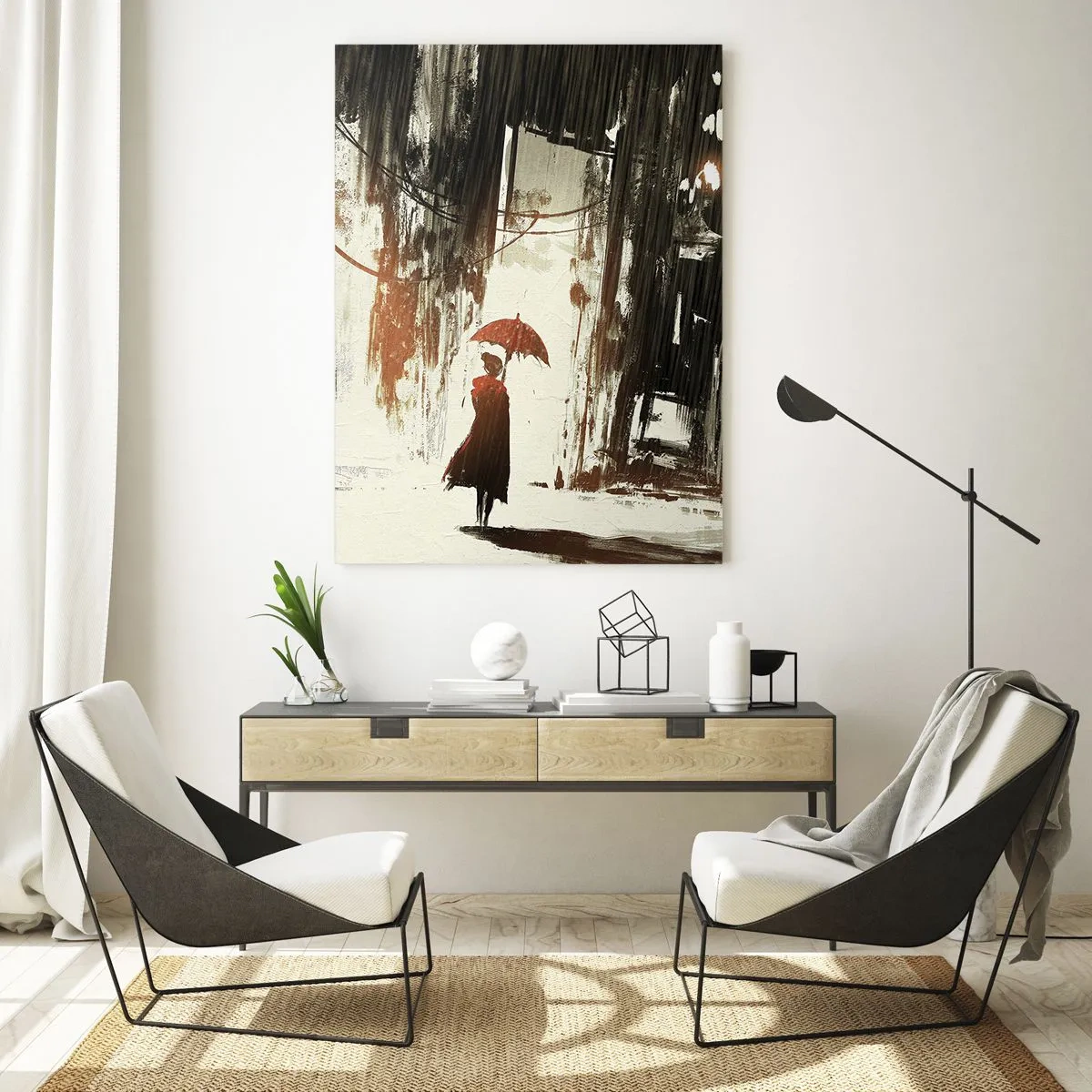 Quadro su vetro - Una figura rossa con un ombrello in una scena piovosa - 70x100cm - La poesia dell'ombrello rosso - Decorazione murale moderna per soggiorno e camera da letto ARTTOR