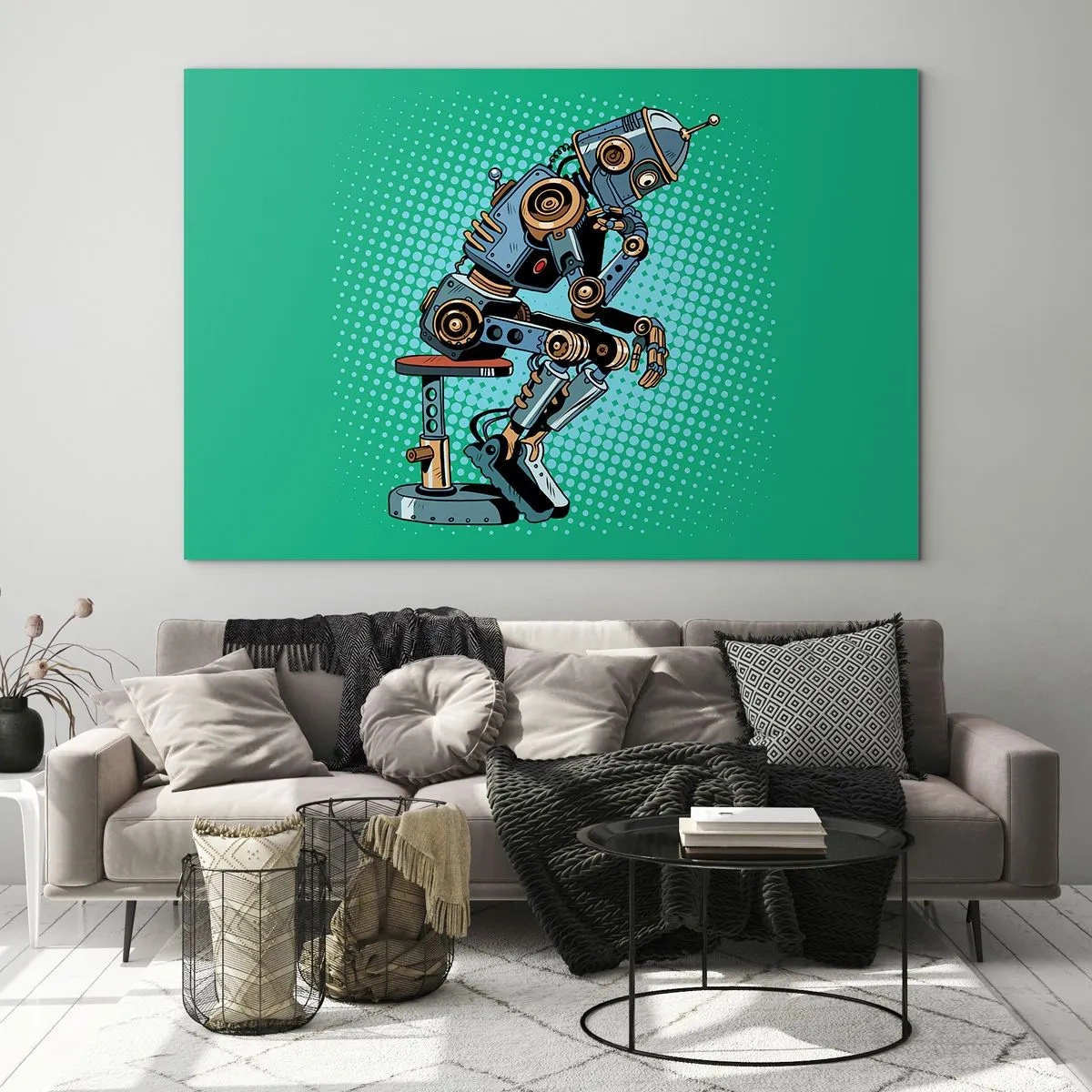 Quadro su vetro - Un robot pensatore su uno sfondo verde con motivo pop art. - 120x80cm - Sull'essenza dell'essere - Decorazione murale moderna per soggiorno e camera da letto ARTTOR