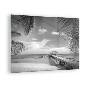 Quadro su vetro - Ripresa in bianco e nero di una spiaggia tropicale con un molo - 70x50cm - Un ricordo o un sogno? - Decorazione murale moderna per soggiorno e camera da letto ARTTOR