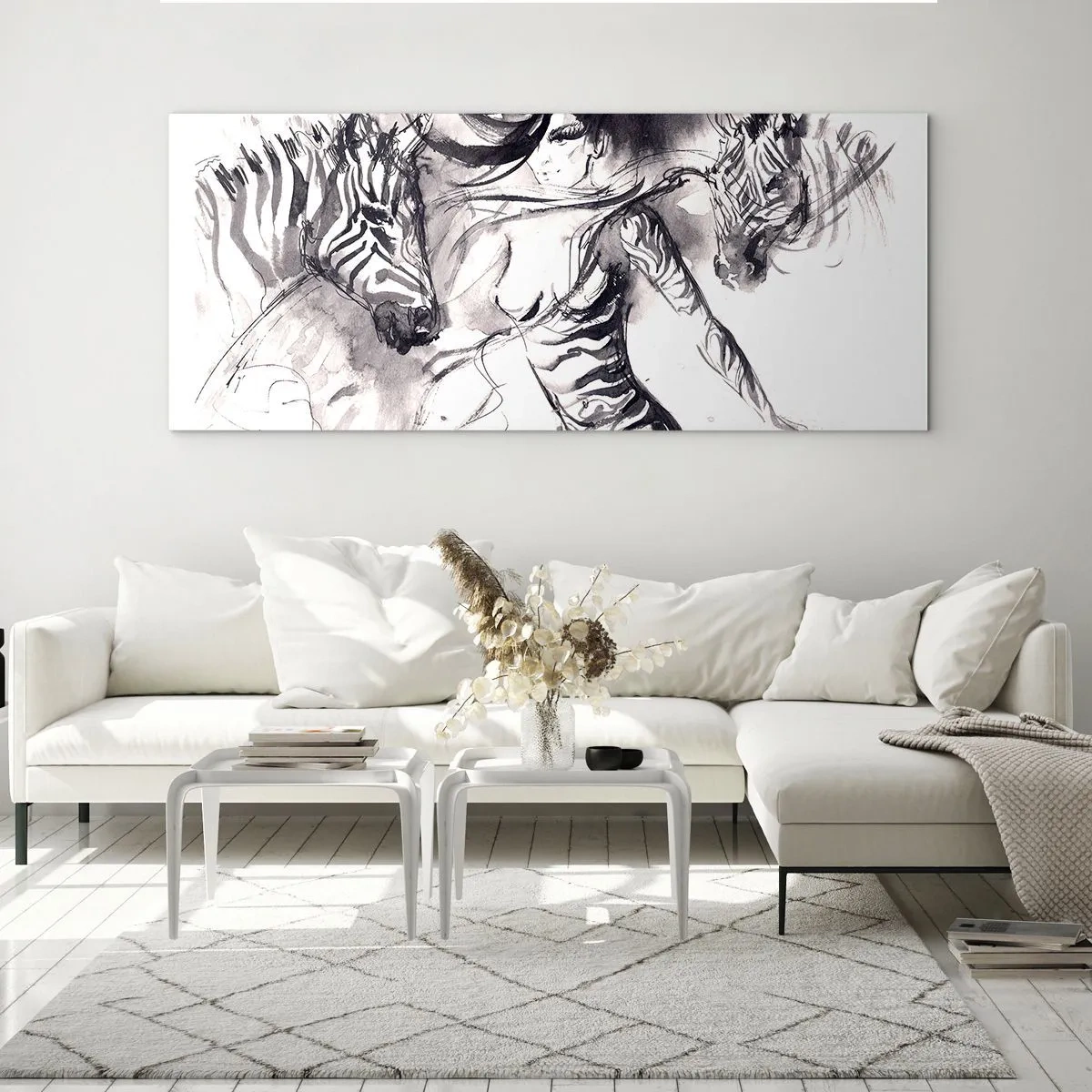 Quadro su vetro - Una donna in una danza dinamica con zebre in un'estetica in bianco e nero - 140x50cm - Ballando con le zebre - Decorazione murale moderna per soggiorno e camera da letto ARTTOR