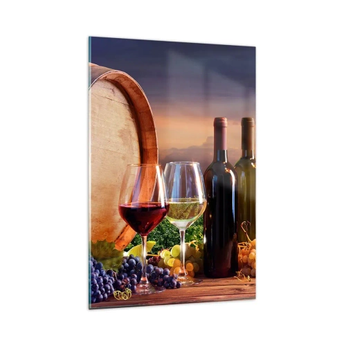 Quadro su vetro - Vino, bicchieri e una botte in un paesaggio pittoresco - 80x120cm - Qui la vita ha gusto - Decorazione murale moderna per soggiorno e camera da letto ARTTOR