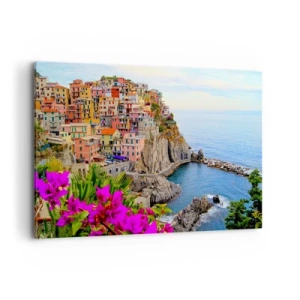 Quadro su tela - Stampe su Tela - Case colorate su una scogliera a picco sul mare in un paesaggio pittoresco - 120x80cm - La città che ride - Decorazione murale moderna per soggiorno e camera da letto ARTTOR