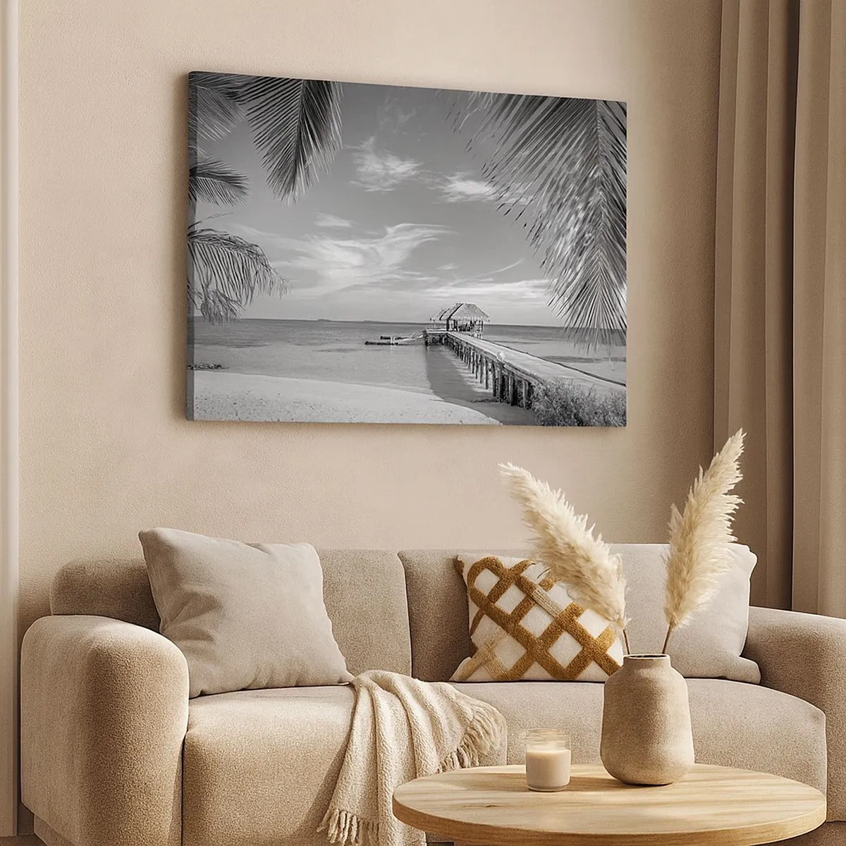 Quadro su tela - Stampe su Tela - Spiaggia bianca e nera con molo e palme su una costa tropicale - 70x50cm - Un ricordo o un sogno? - Decorazione murale moderna per soggiorno e camera da letto ARTTOR