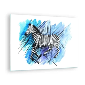 Quadro su vetro - Una zebra in una composizione artistica ad acquerello su uno sfondo blu - 70x50cm - Nascosta nelle strisce - Decorazione murale moderna per soggiorno e camera da letto ARTTOR