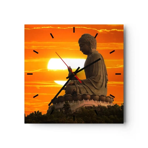 Orologio da parete - Orologio in Vetro - Una statua buddista sullo sfondo di un tramonto arancione - 30x30cm - Senza paura davanti al mondo - Decorazione murale moderna per soggiorno e camera da letto ARTTOR