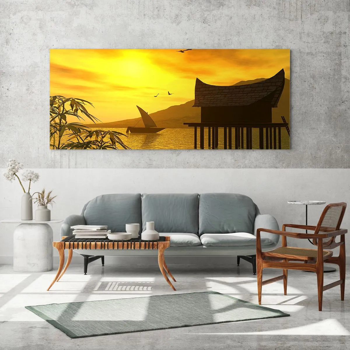 Quadro su vetro - Tramonto tropicale sull'acqua con casa in legno su palafitte. - 160x50cm - Calma desiderata - Decorazione murale moderna per soggiorno e camera da letto ARTTOR