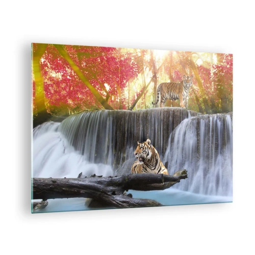 Quadro su vetro - Tigri contro una cascata e uno scenario autunnale - 70x50cm - Paesaggio surreale - Decorazione murale moderna per soggiorno e camera da letto ARTTOR