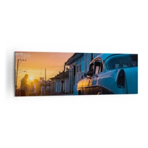 Quadro su tela - Stampe su Tela - Auto e bicicletta retrò sulla strada alla luce del sole al tramonto - 160x50cm - Qui il tempo rallenta - Decorazione murale moderna per soggiorno e camera da letto ARTTOR