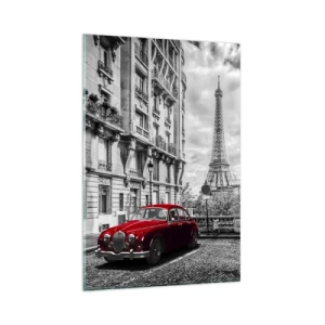 Quadro su vetro - Un'auto rossa con la Torre Eiffel sullo sfondo in un'ambientazione in bianco e nero - 80x120cm - Predatore in città - Decorazione murale moderna per soggiorno e camera da letto ARTTOR