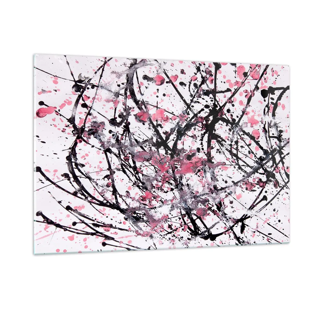 Quadro su vetro - Linee astratte dinamiche e macchie rosa su sfondo bianco - 120x80cm - La natura passeggera della vita - Decorazione murale moderna per soggiorno e camera da letto ARTTOR