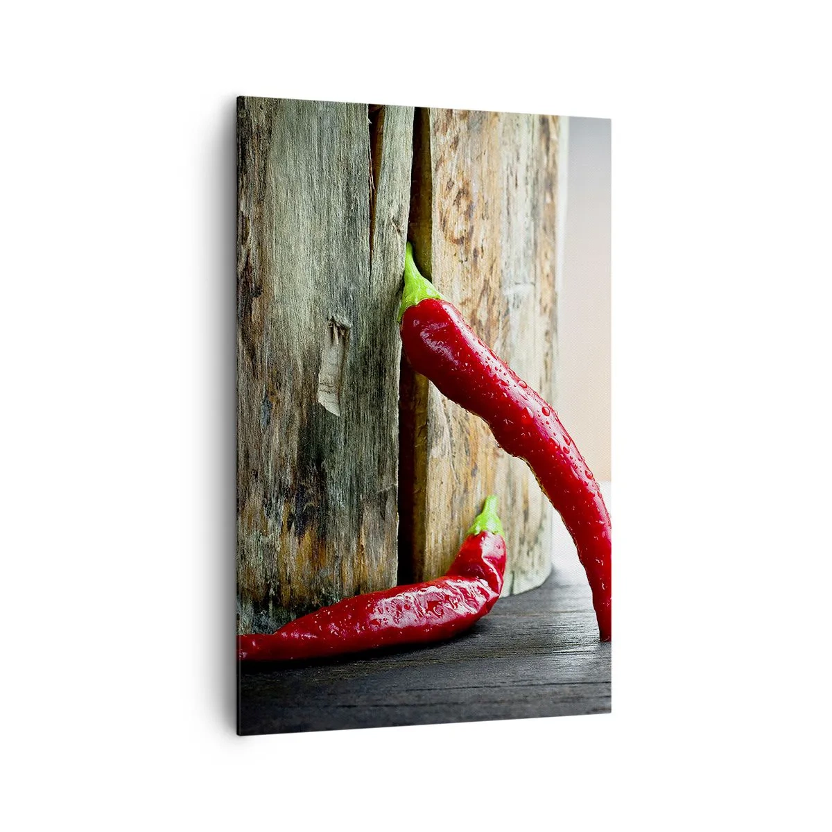 Quadro su tela - Stampe su Tela - Due peperoncini rossi su uno sfondo di legno con un accento rustico - 80x120cm - Red hot chili peppers - Decorazione murale moderna per soggiorno e camera da letto ARTTOR