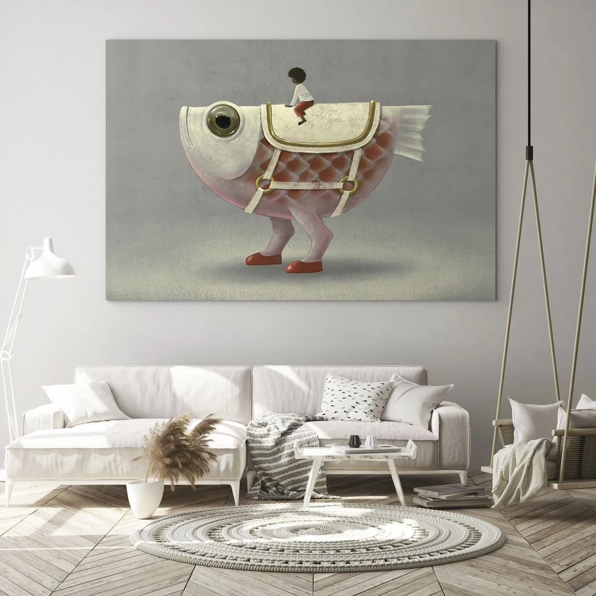 Quadro su vetro - Una figura che cavalca un pesce rosa con gambe e sella - 70x50cm - Il cavaliere del pesce - Decorazione murale moderna per soggiorno e camera da letto ARTTOR