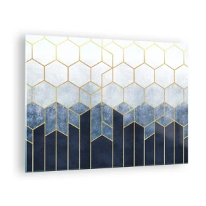 Quadro su vetro - Motivo geometrico nei colori oro e blu navy - 70x50cm - Composizione a ritmo sincopato - Decorazione murale moderna per soggiorno e camera da letto ARTTOR