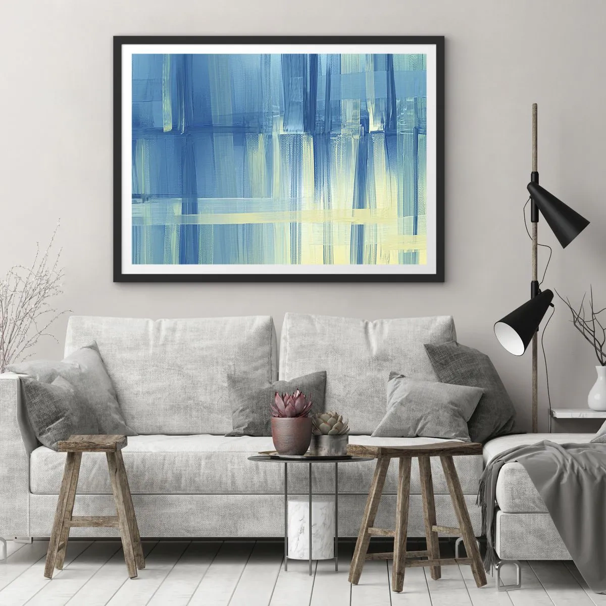 Poster in cornice nera - Un dipinto astratto nei toni del turchese e del blu con pennellate geometriche. - 70x50cm - Composizione in turchese - Decorazione murale moderna per soggiorno e camera da letto ARTTOR