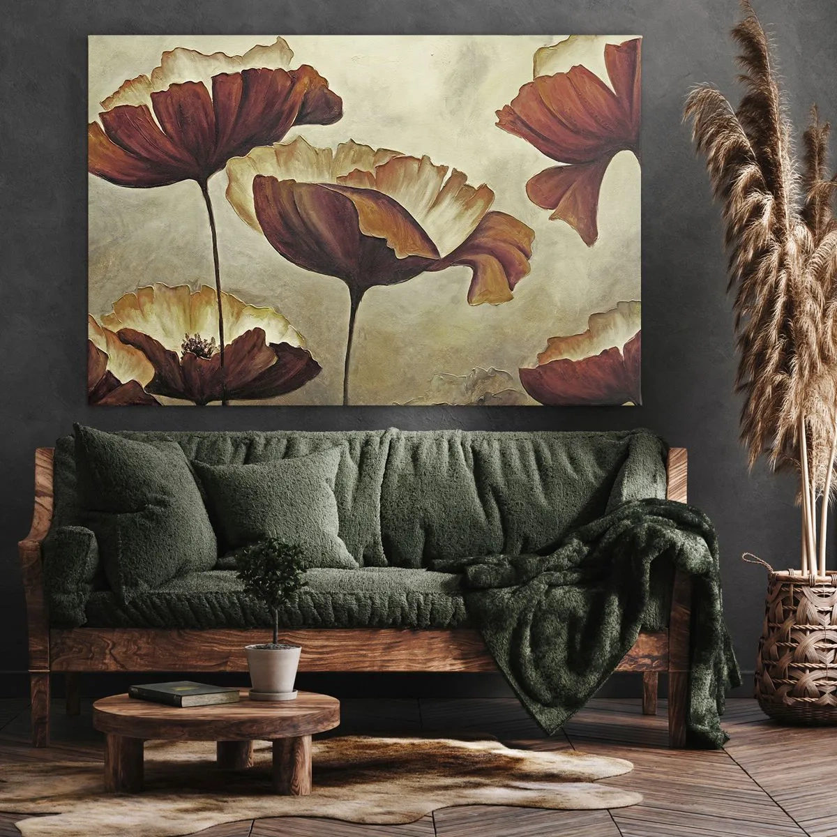 Quadro su tela - Stampe su Tela - Fiori delicati nei toni del rosso e dell'oro su uno sfondo chiaro - 70x50cm - Nei prati e nei campi - Decorazione murale moderna per soggiorno e camera da letto ARTTOR