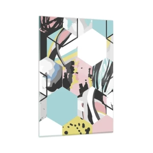 Quadro su vetro - Motivo esagonale geometrico con dettagli astratti colorati - 80x120cm - Esagoni e cubi in sei tonalità - Decorazione murale moderna per soggiorno e camera da letto ARTTOR