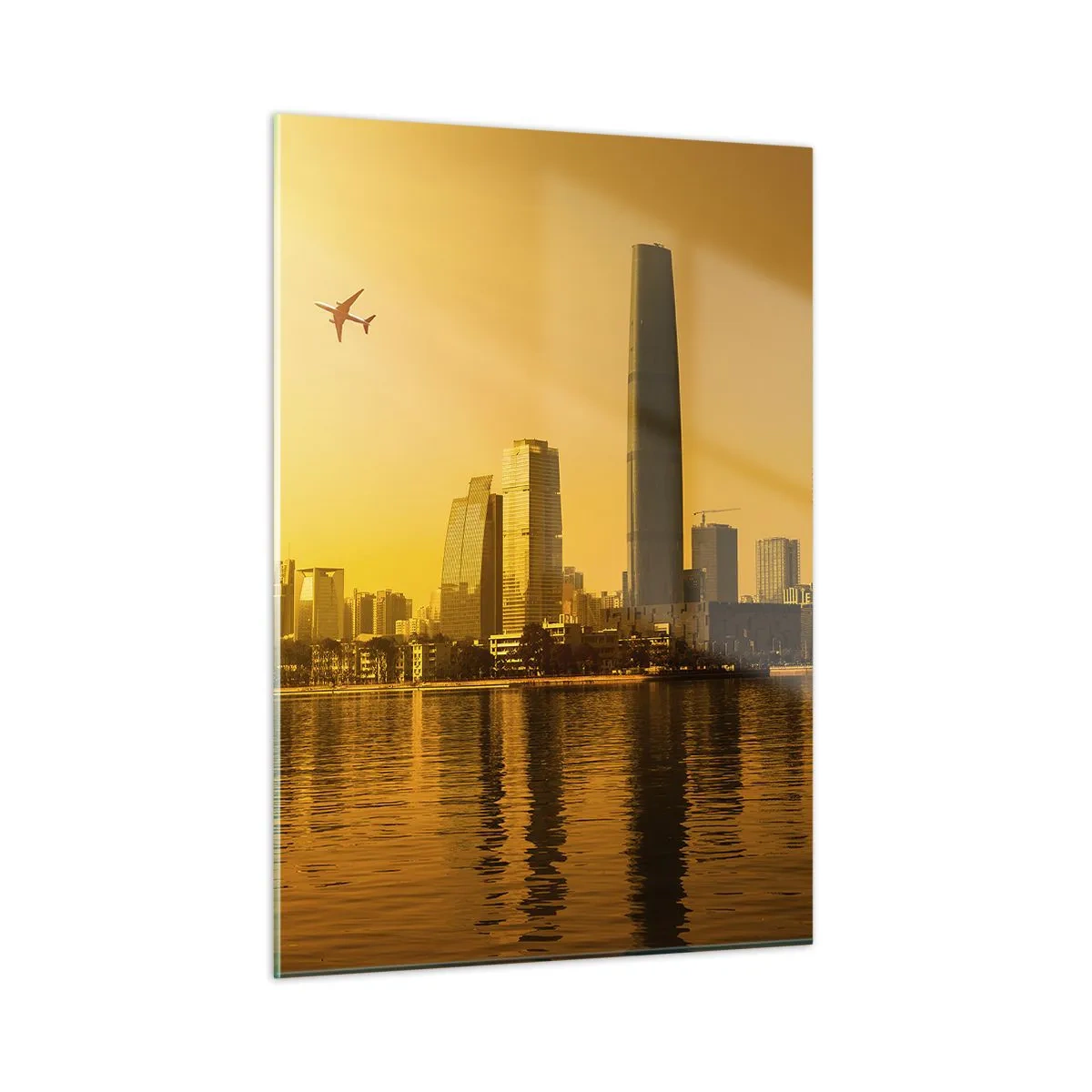 Quadro su vetro - Una città moderna con grattacieli al tramonto - 50x70cm - Città d'oro - Decorazione murale moderna per soggiorno e camera da letto ARTTOR