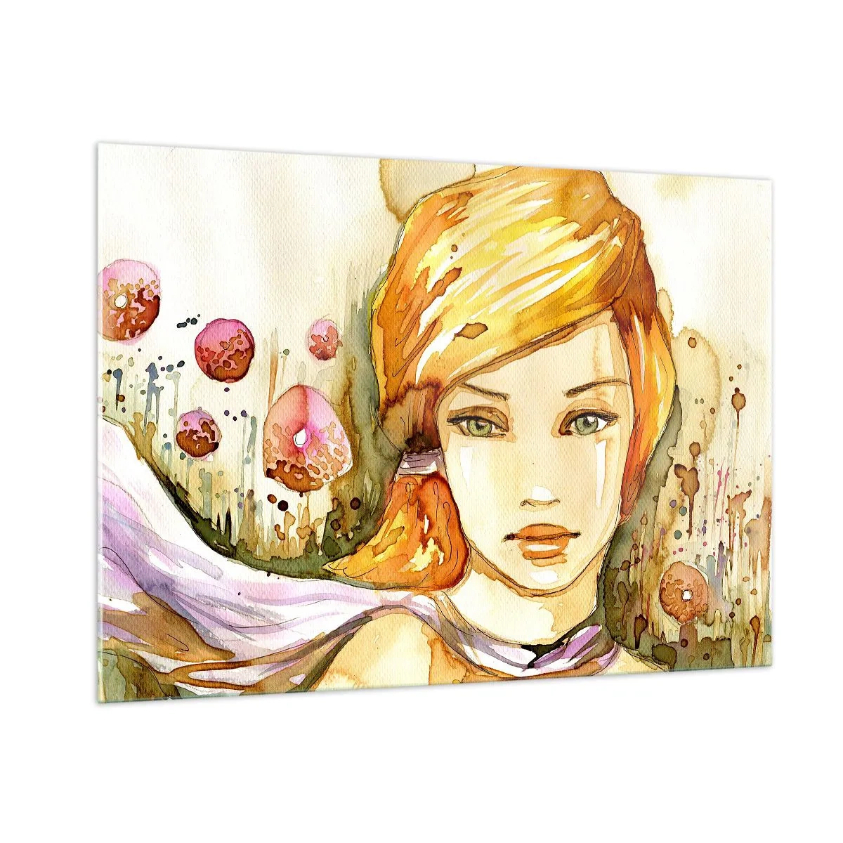 Quadro su vetro - Ritratto di una donna in stile acquerello con astrazione - 100x70cm - Sguardo di smeraldo, che calma l'ira - Decorazione murale moderna per soggiorno e camera da letto ARTTOR