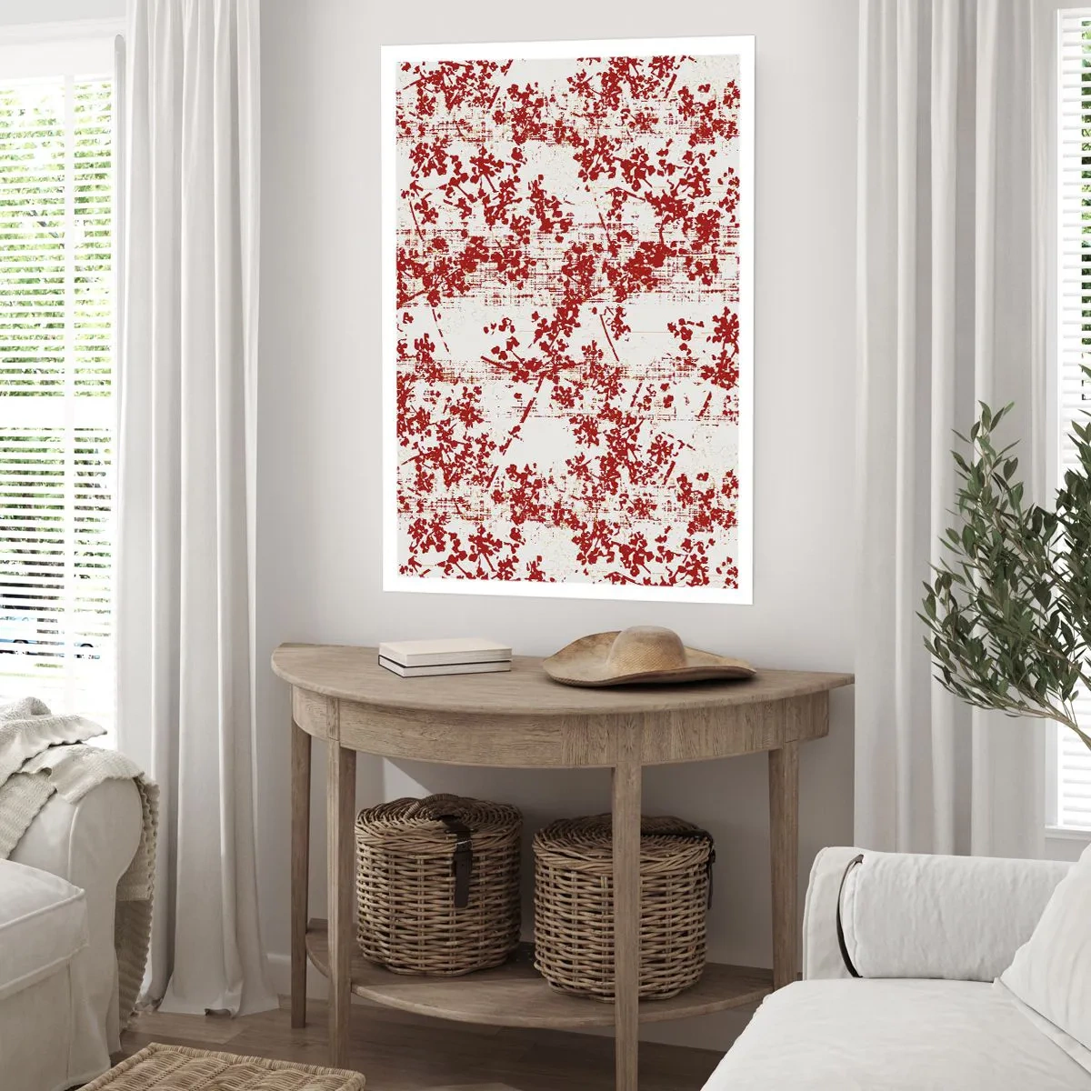Poster - Accenti floreali rossi su uno sfondo chiaro - 50x70cm - Come l'antico percalle - Decorazione murale moderna per soggiorno e camera da letto ARTTOR