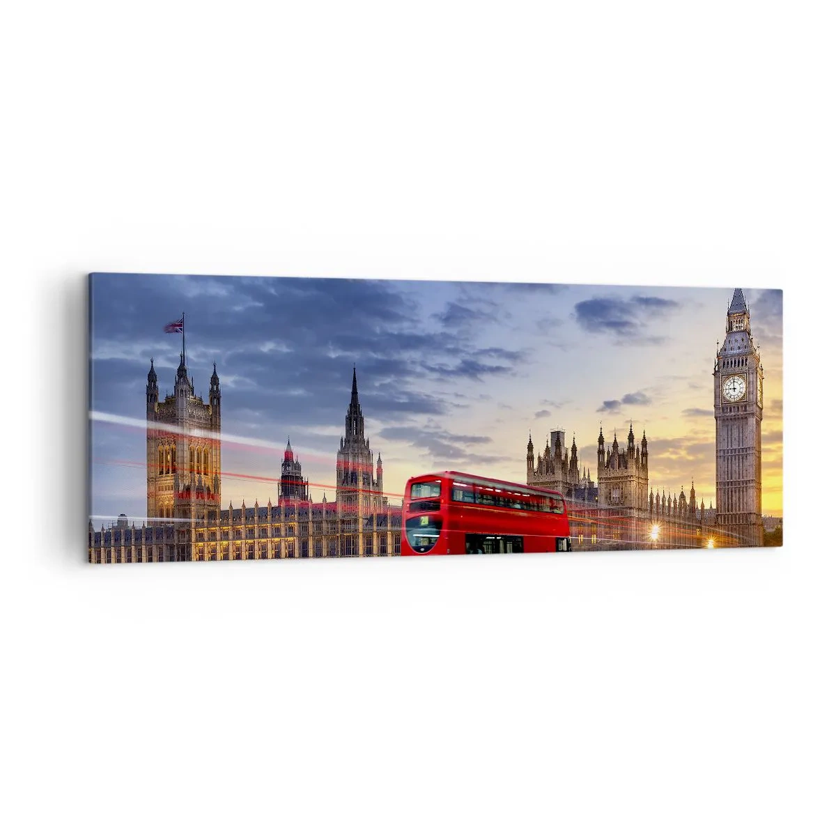 Quadro su tela - Stampe su Tela - Un autobus rosso con il Big Ben e il Parlamento sullo sfondo al tramonto. - 140x50cm - Segni particolari - Decorazione murale moderna per soggiorno e camera da letto ARTTOR