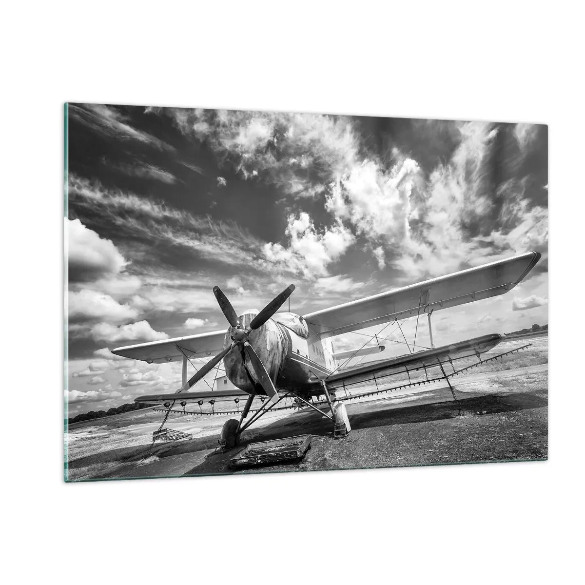 Quadro su vetro - Foto in bianco e nero di un biplano classico - 120x80cm - Non vedo l'ora! - Decorazione murale moderna per soggiorno e camera da letto ARTTOR