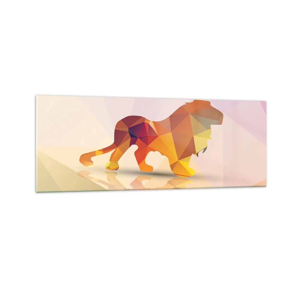 Quadro su vetro - Silhouette geometrica di un leone nei toni del giallo e dell'arancione - 140x50cm - Il re di diamante - Decorazione murale moderna per soggiorno e camera da letto ARTTOR