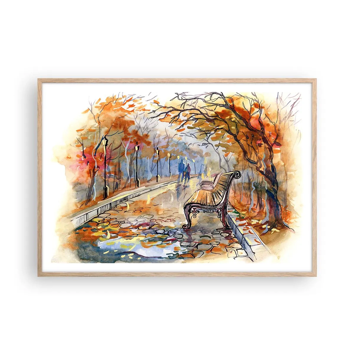 Poster in cornice rovere chiaro - Passeggiando insieme l'autunno - 100x70 cm