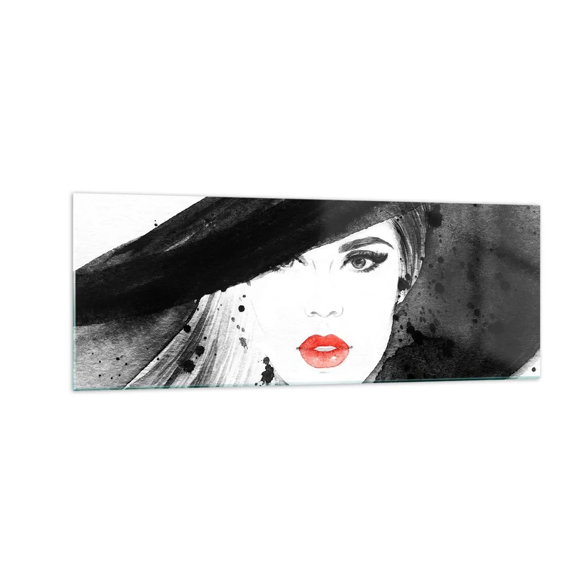 Quadro su vetro - Ritratto di una donna con un cappello e labbra rosse - 140x50cm - Donna in nero - Decorazione murale moderna per soggiorno e camera da letto ARTTOR