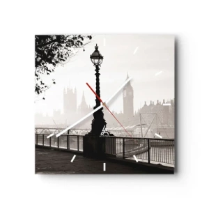 Orologio da parete - Orologio in Vetro - Una vista monocromatica del Big Ben e del Tamigi. - 30x30cm - Un mattino a Londra - Decorazione murale moderna per soggiorno e camera da letto ARTTOR