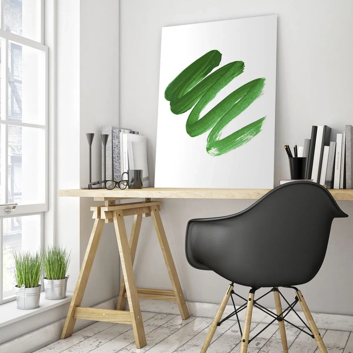 Quadro su vetro - Pennellata astratta verde su sfondo bianco - 80x120cm - Scherzo verde - Decorazione murale moderna per soggiorno e camera da letto ARTTOR