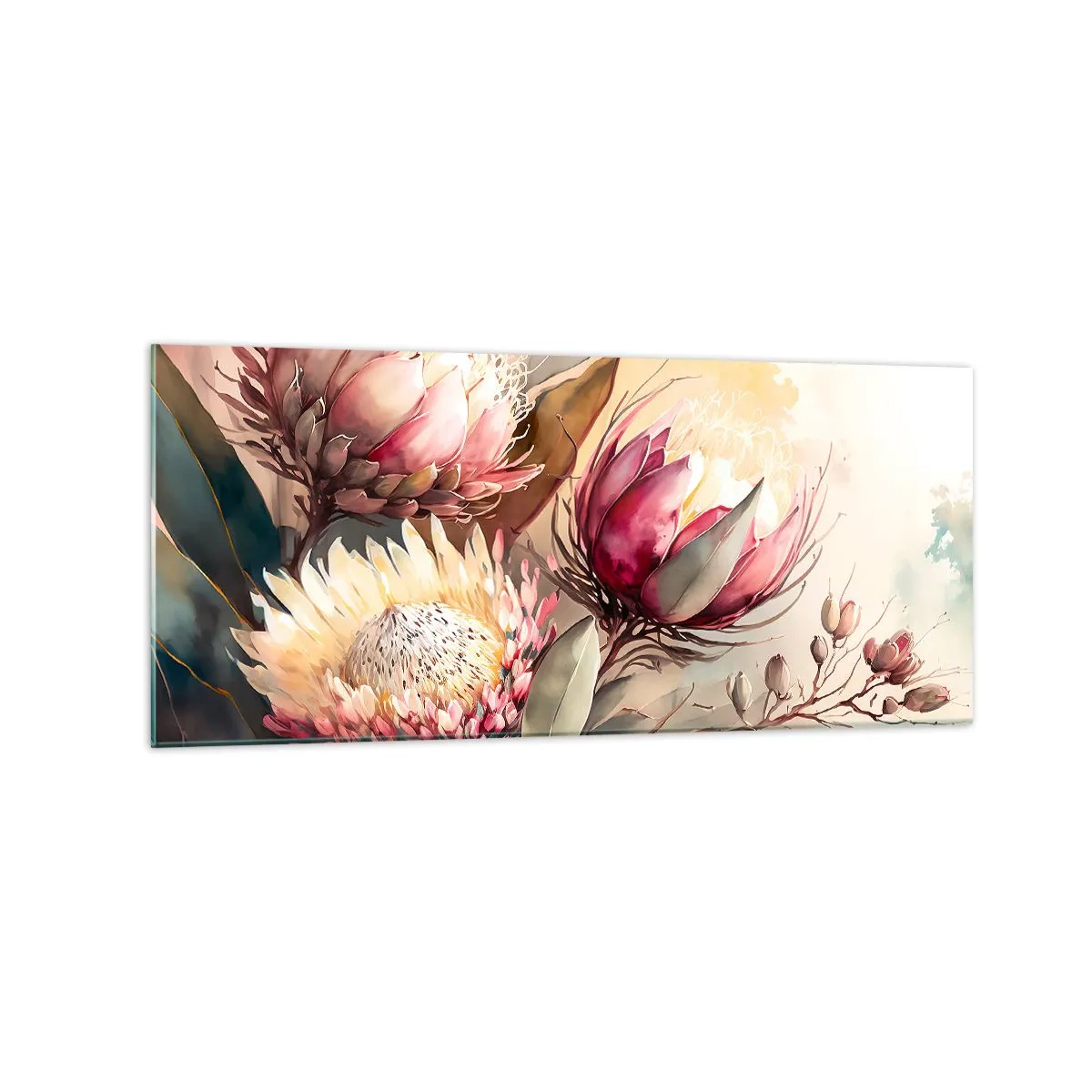 Quadro su vetro - Fiori di protea in delicate tonalità pastello - 120x50cm - Di profilo e di fronte - Decorazione murale moderna per soggiorno e camera da letto ARTTOR