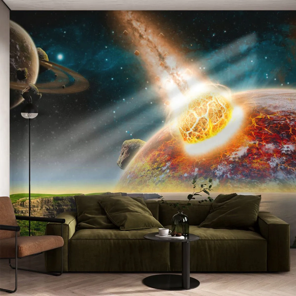 Fotomurali Standard Eco - Collisione di un meteorite con un pianeta sullo sfondo dello spazio - 100x70cm - Dramma cosmico - Decorazione murale moderna per soggiorno e camera da letto ARTTOR