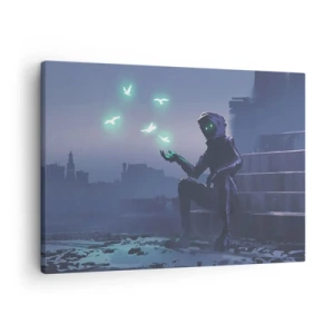Quadro su tela - Stampe su Tela - Una figura incappucciata con uccelli magici sullo sfondo di una città - 70x50cm - La vita ritorna - Decorazione murale moderna per soggiorno e camera da letto ARTTOR