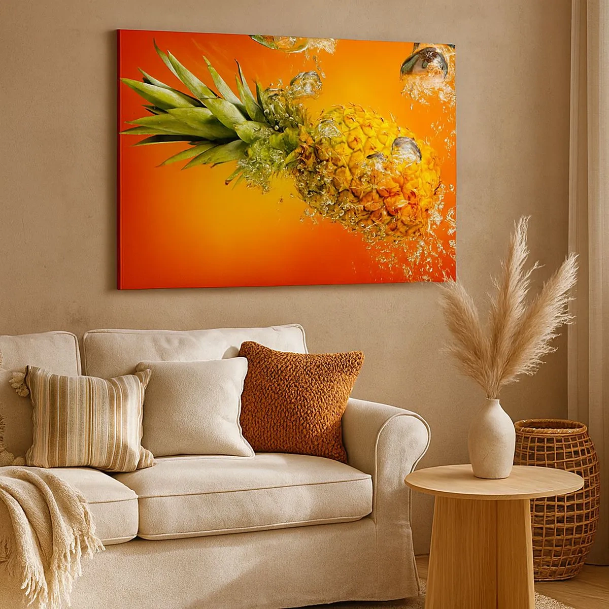 Quadro su tela - Stampe su Tela - Un ananas immerso nell'acqua su uno sfondo sfumato arancione. - 70x50cm - Succosa freschezza tropicale - Decorazione murale moderna per soggiorno e camera da letto ARTTOR