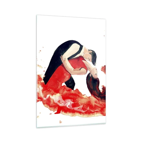 Quadro su vetro - Un dinamico dipinto ad acquerello raffigurante una coppia che balla nei toni del rosso. - 80x120cm - Tango: un'onda di passione - Decorazione murale moderna per soggiorno e camera da letto ARTTOR
